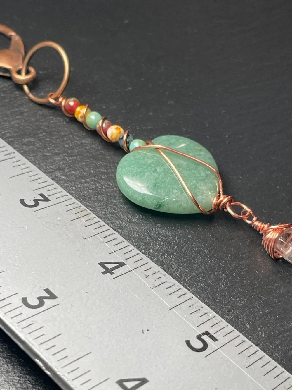 Handmade Aventurine Heart Keychain with Clear Quartz Point